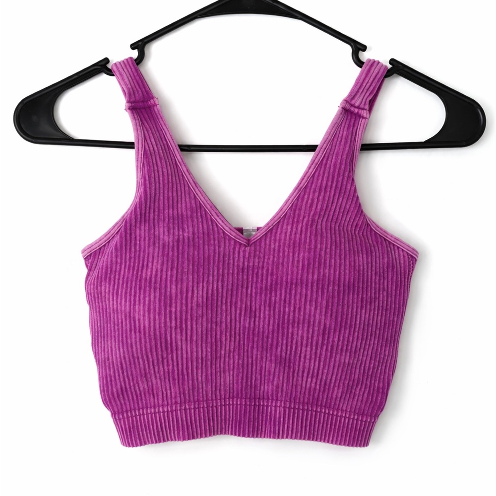 Zenana Purple Ribbed Crop Tank Top S/M | V-Neck Stretchy Bralette Style